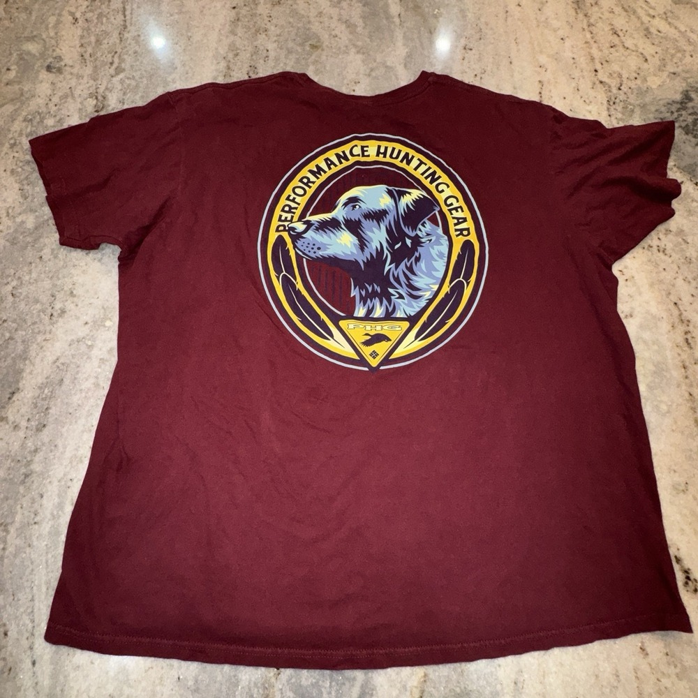 Columbia PHG Men's XXL Burgandy T Shirt Short Sleeve Dog Print Hunting Casual